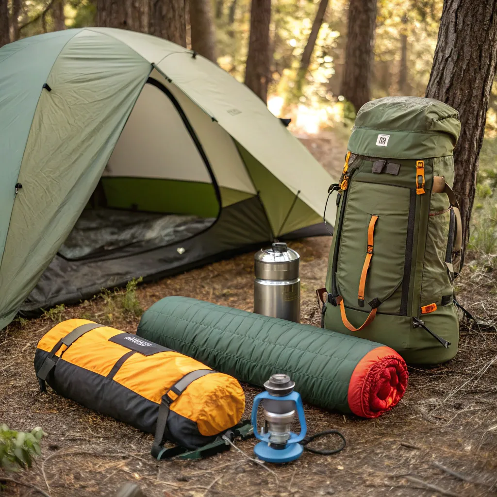 Various camping gear displayed in nature